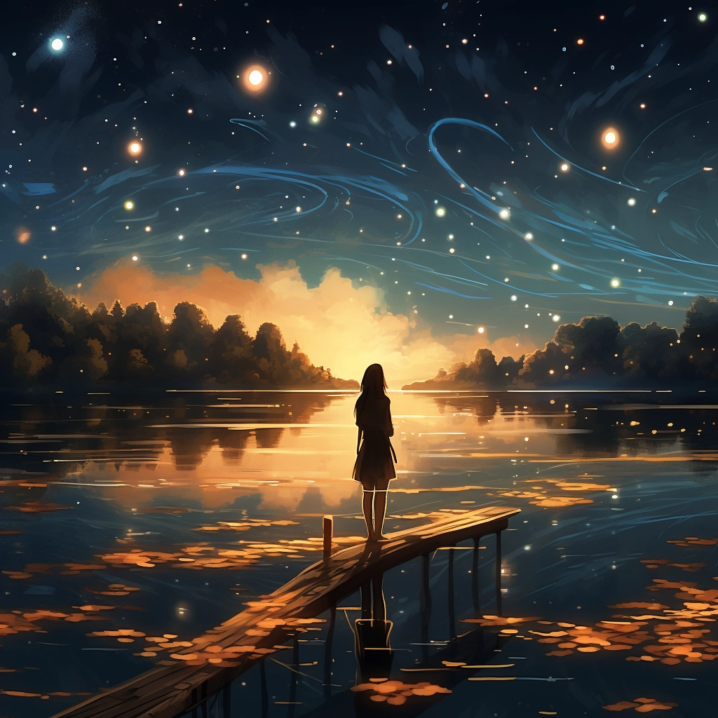 A girl standing at the edge of a lake with many star