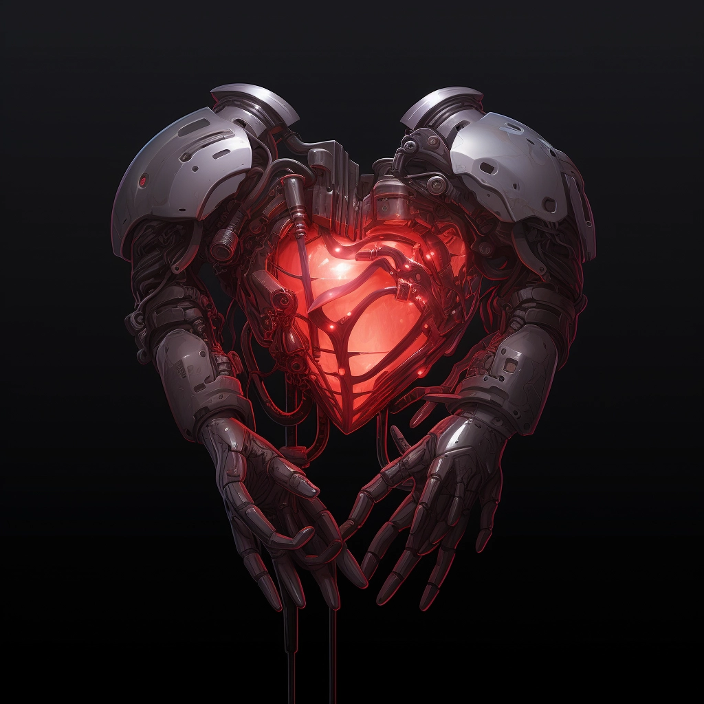 Synthetic heart being held in a robotic hand in the