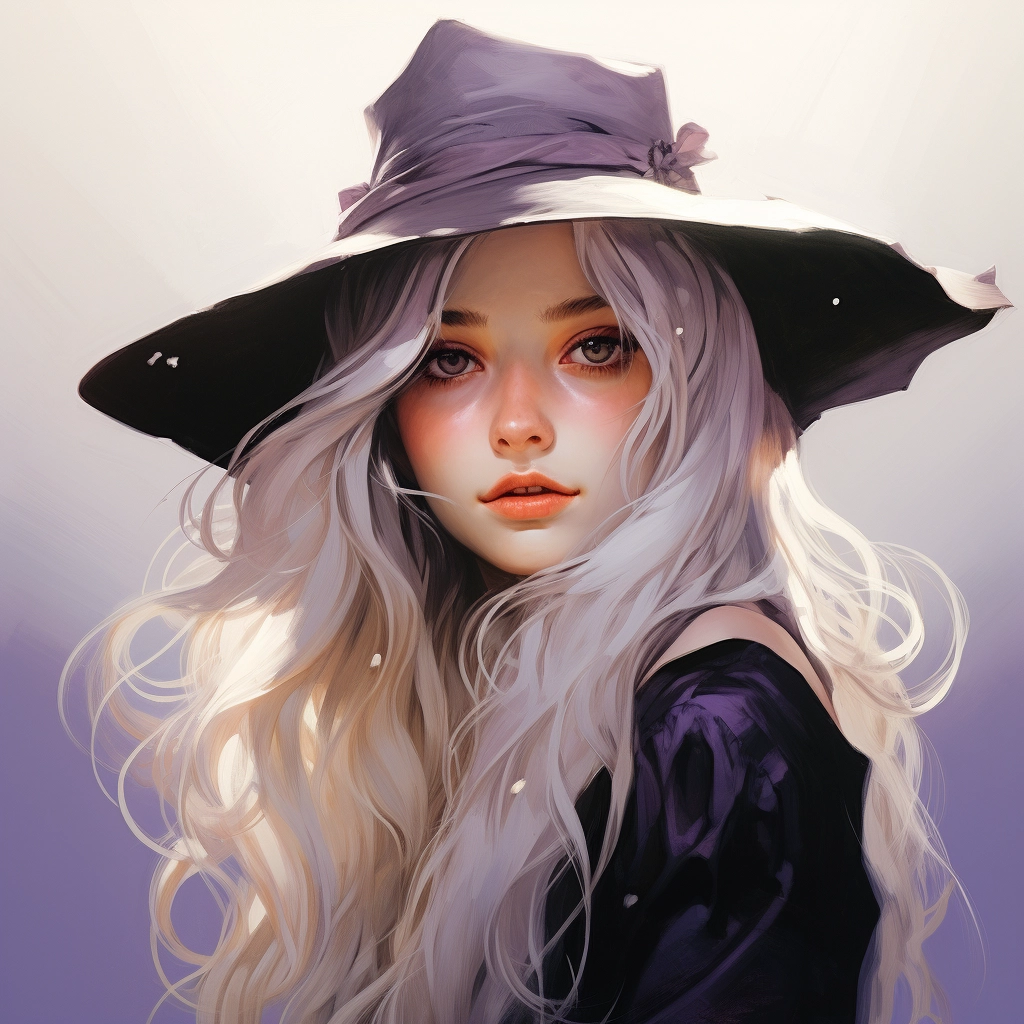 The young witch wears a hat and has long white hair