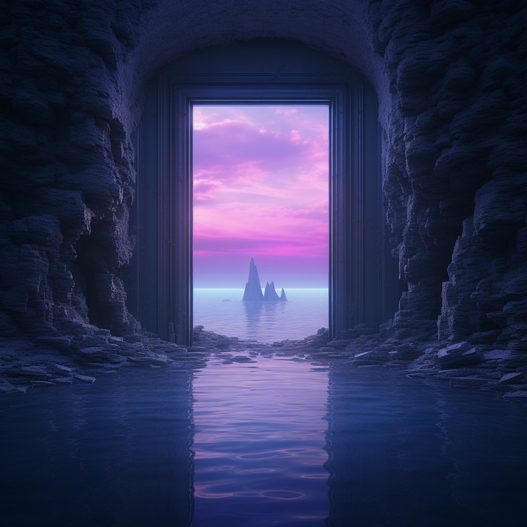 Door to the underwater encircled blue water with blu