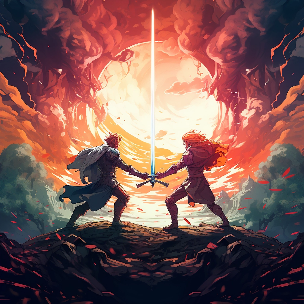 A beautiful illustration two knights clashing disney