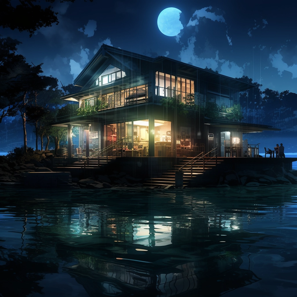 Anime lakehouse reflecting off of water HDR beautifu