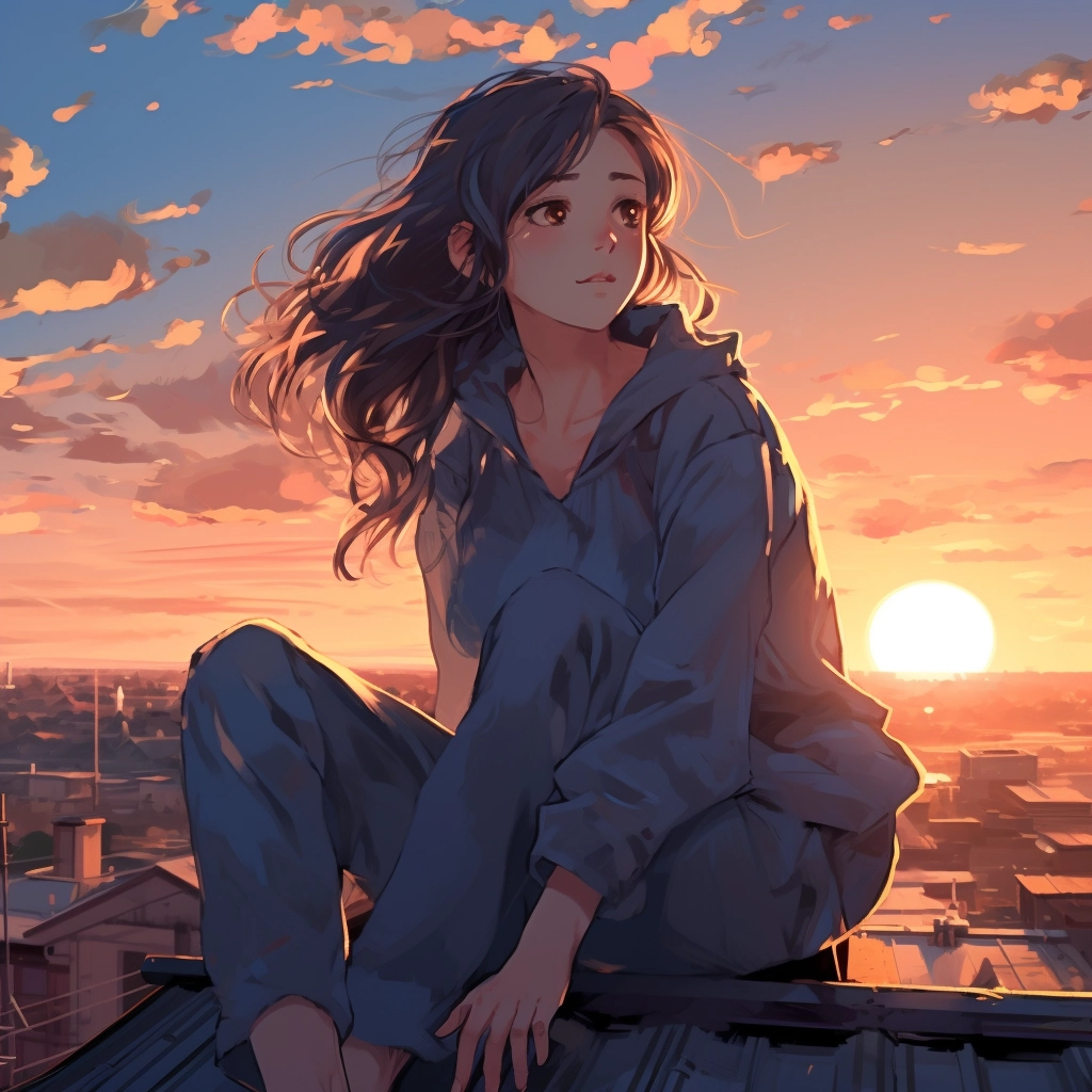 Girl sitting on the roof and watching the sunset in