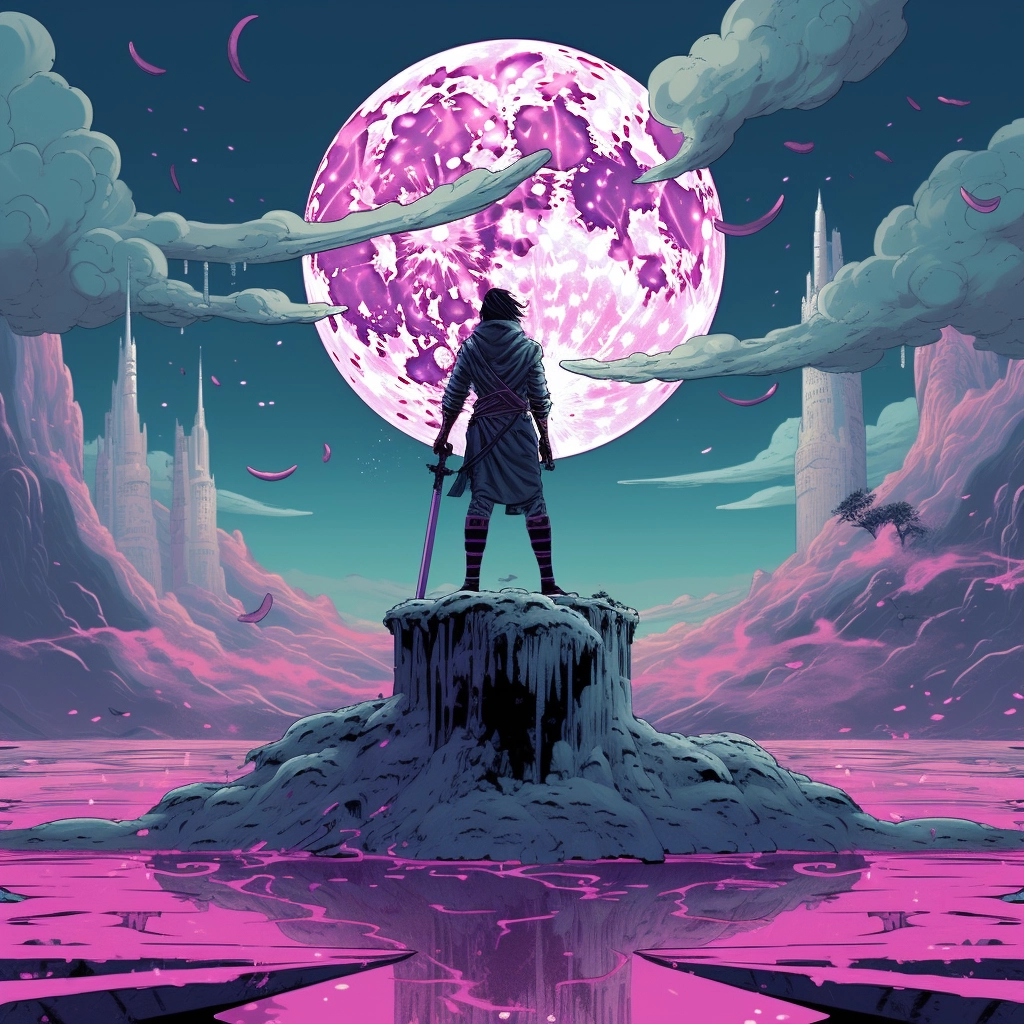 The sky is full of moon and a man is standing on a p