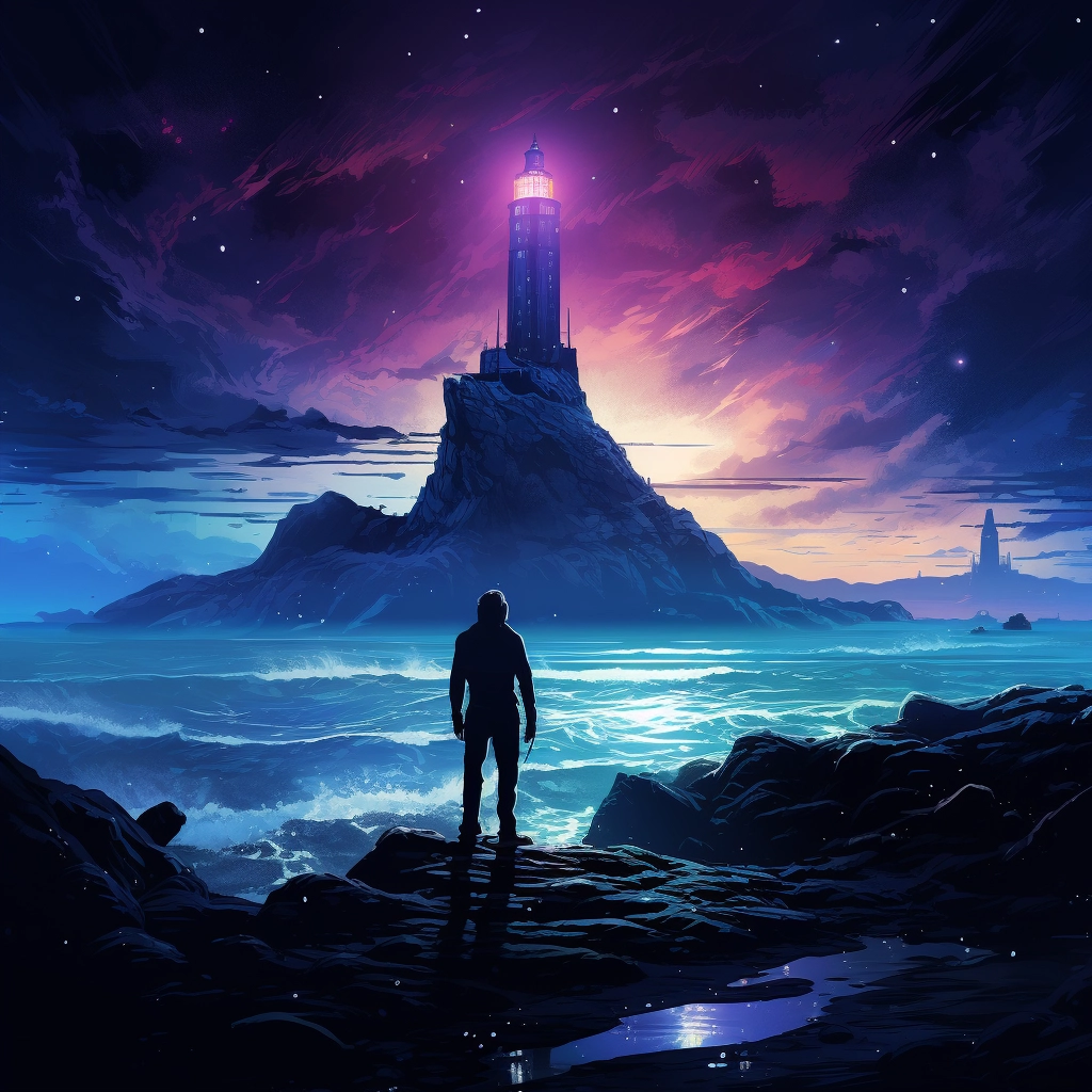 A man stands alone looking at a lighthouse with moun