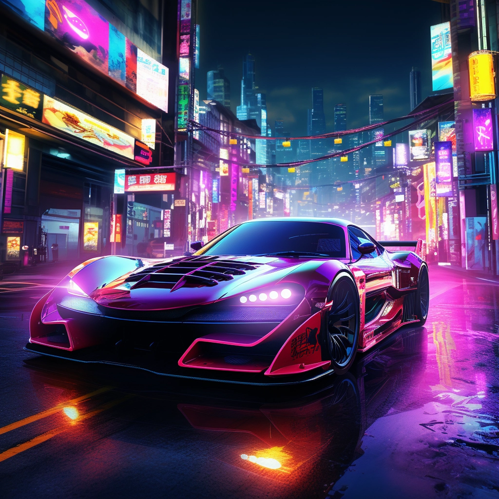 Neon neon car on the neon city in the style of anime
