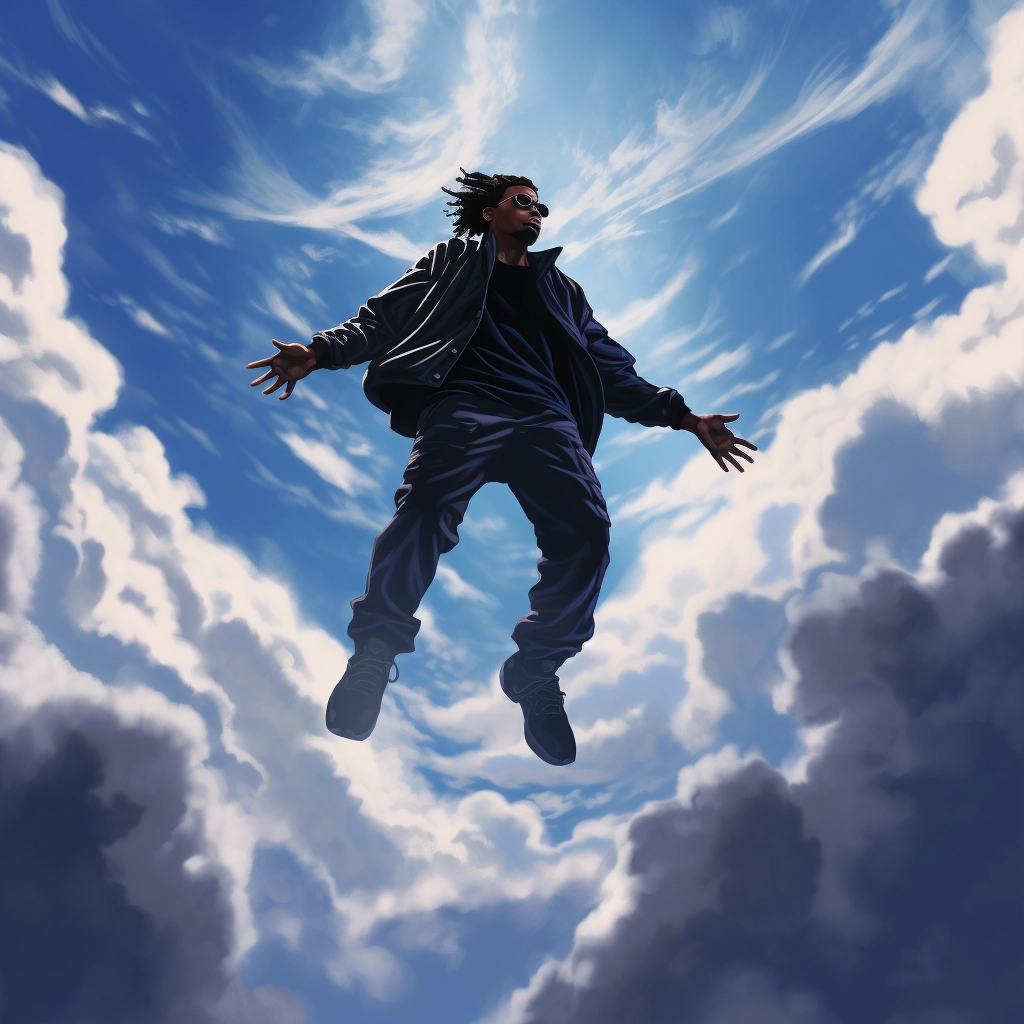 A picture of person flying in the clouds in the styl
