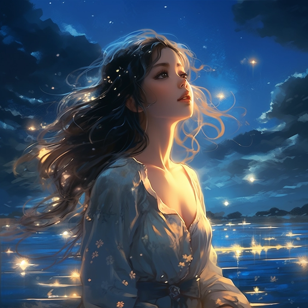 Girl in the sun night sky in the style of anime art