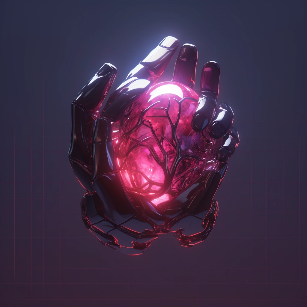 Synthetic heart being held in a robotic hand in the
