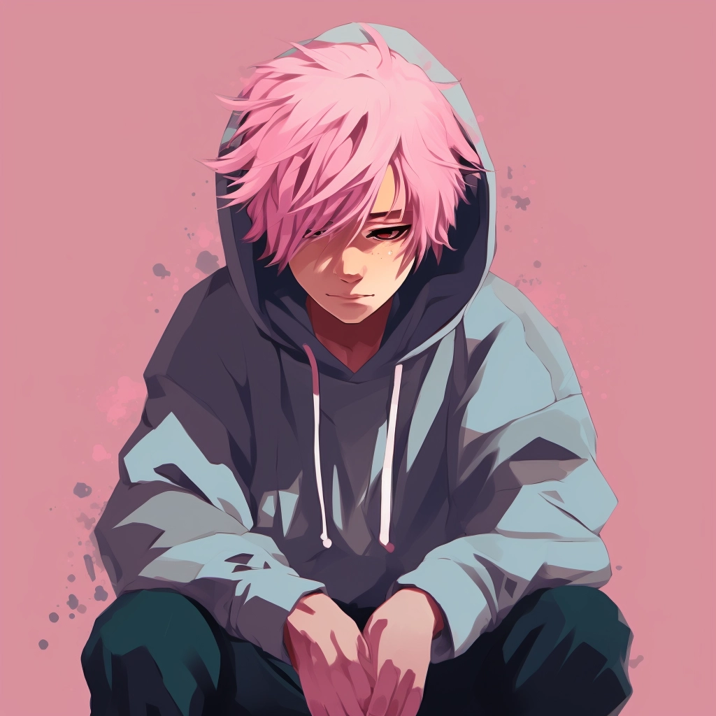 Lonely lofi anime boy with pink hair feeling sad 2D