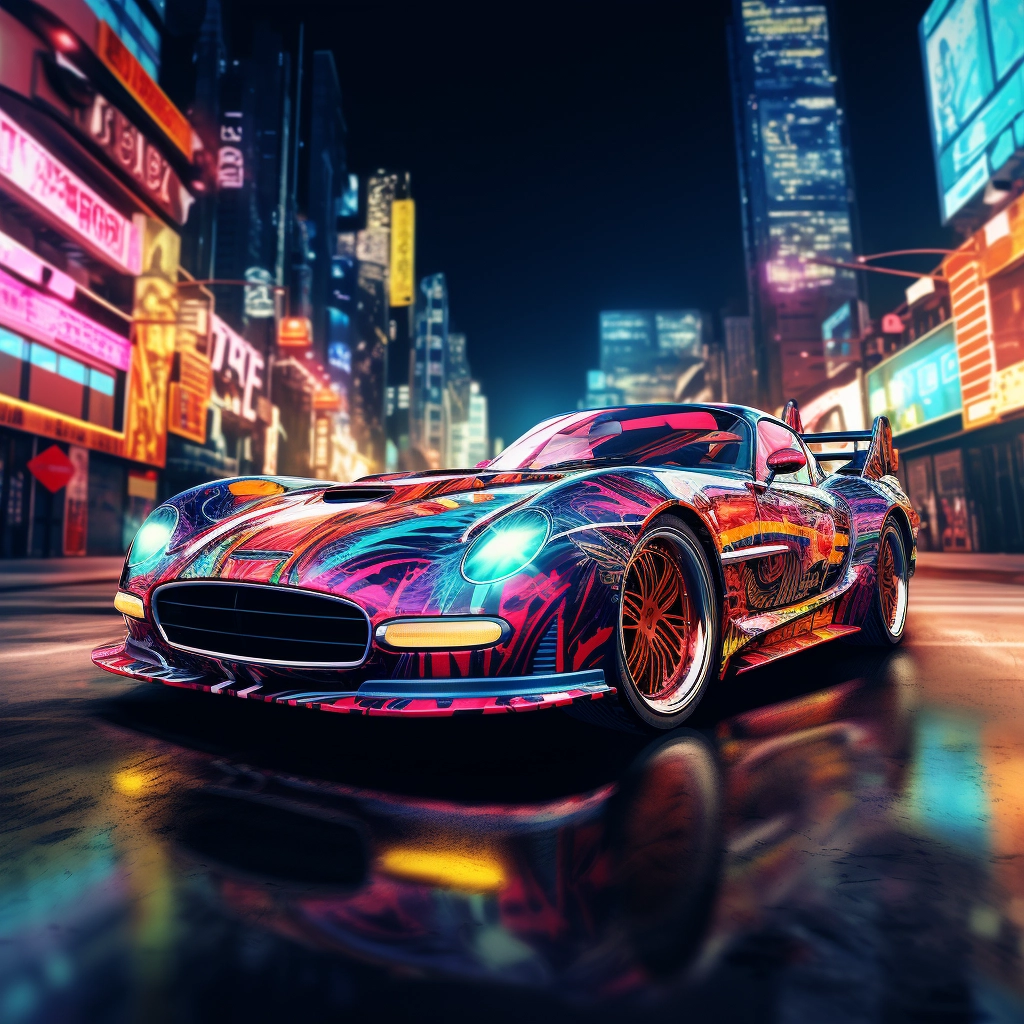 A futuristic car on the city in neon colors in the s