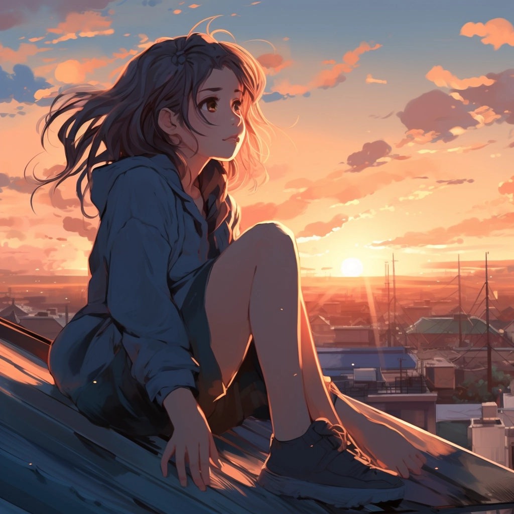 Girl sitting on the roof and watching the sunset in