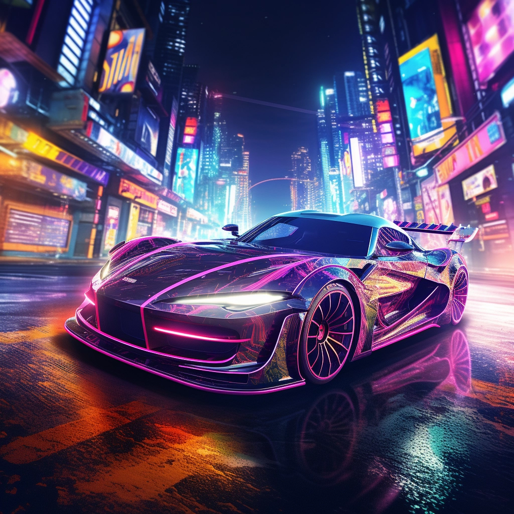 A futuristic car on the city in neon colors in the s