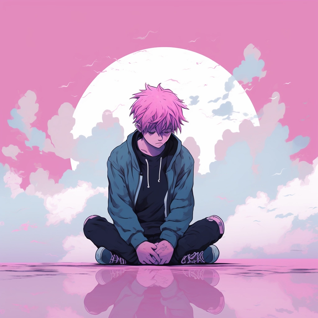 Lonely lofi anime boy with pink hair feeling sad 2D