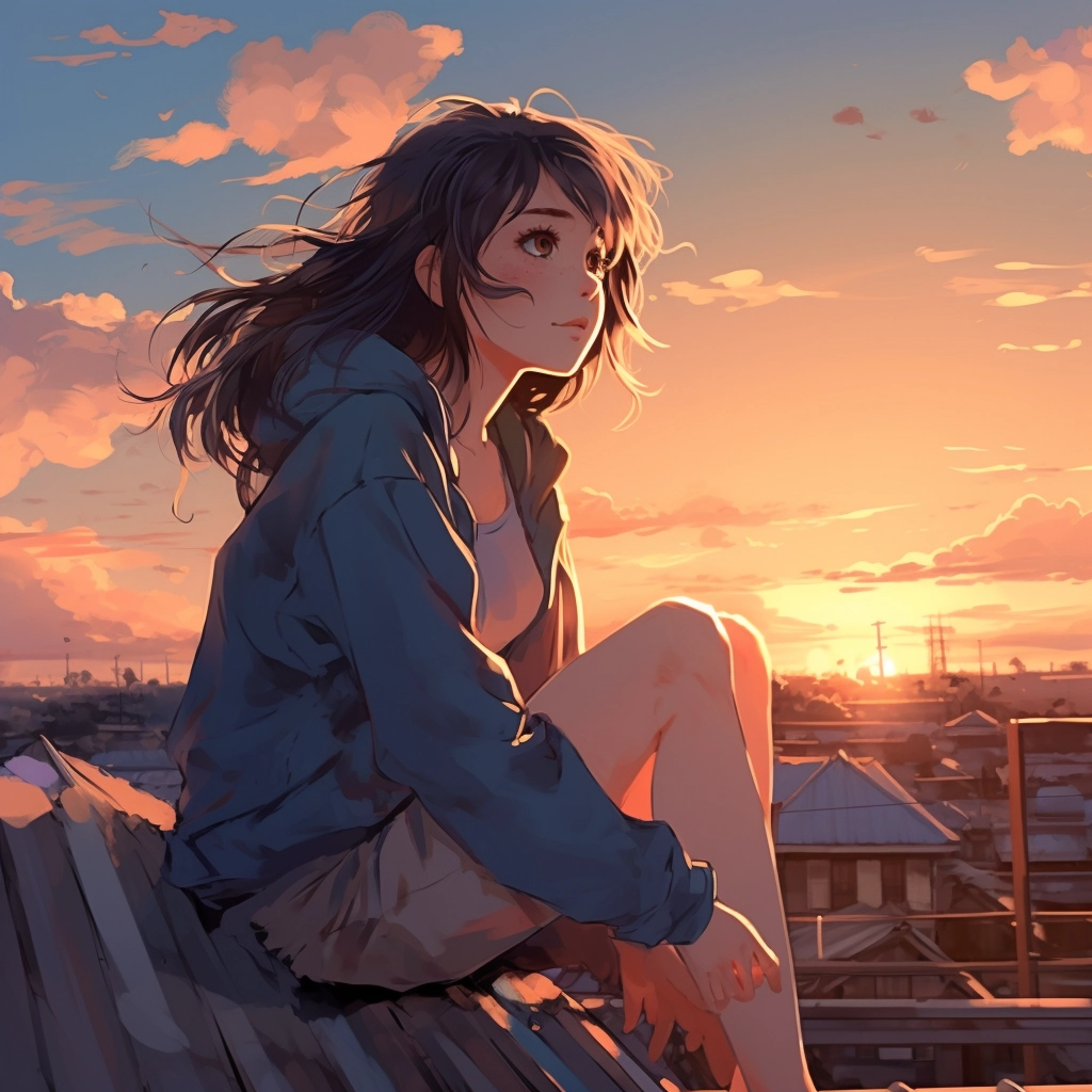 Girl sitting on the roof and watching the sunset in