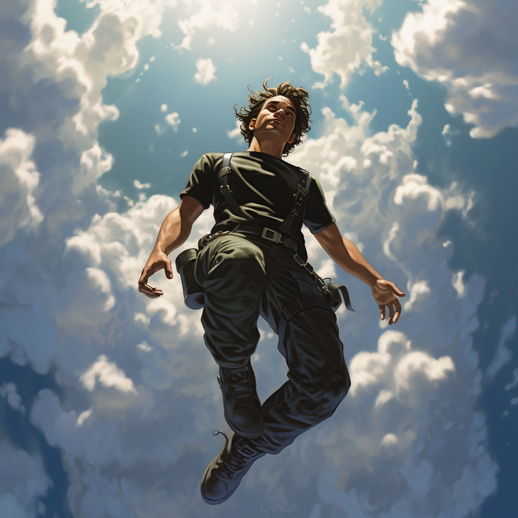 A picture of person flying in the clouds in the styl