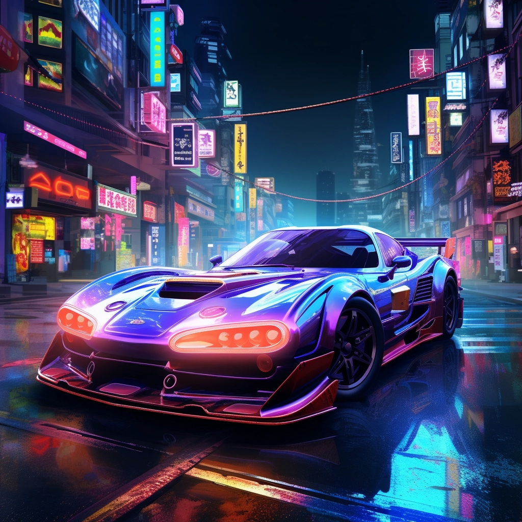 Neon neon car on the neon city in the style of anime