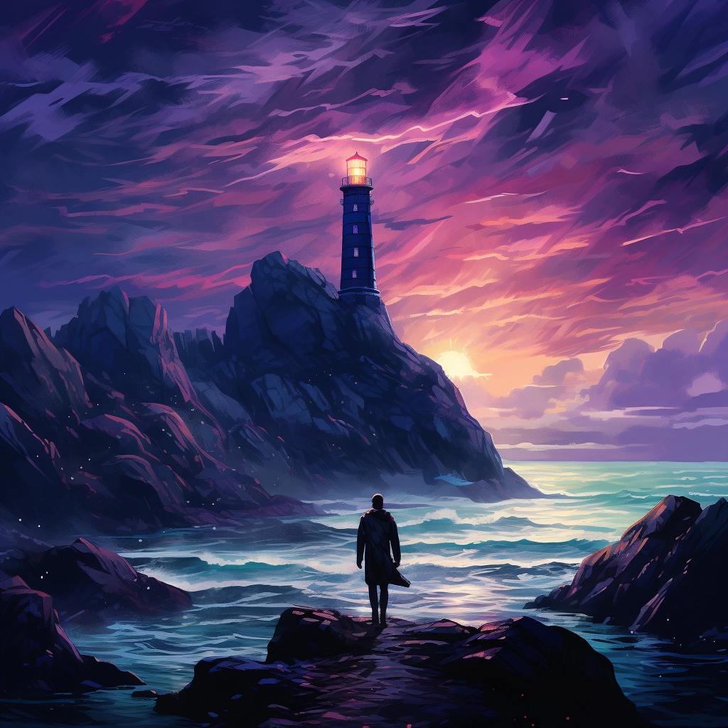 A man stands alone looking at a lighthouse with moun