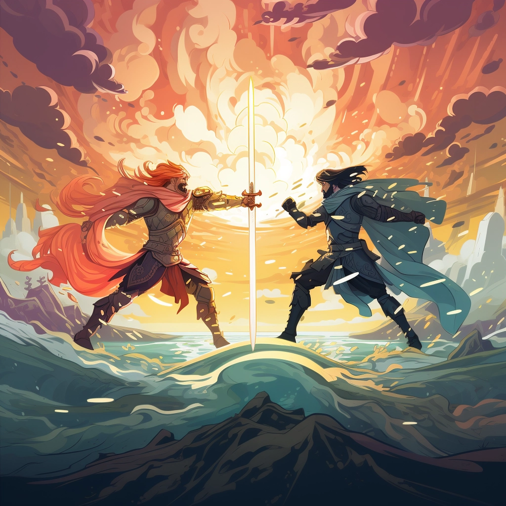 A beautiful illustration of two knights fighting dis