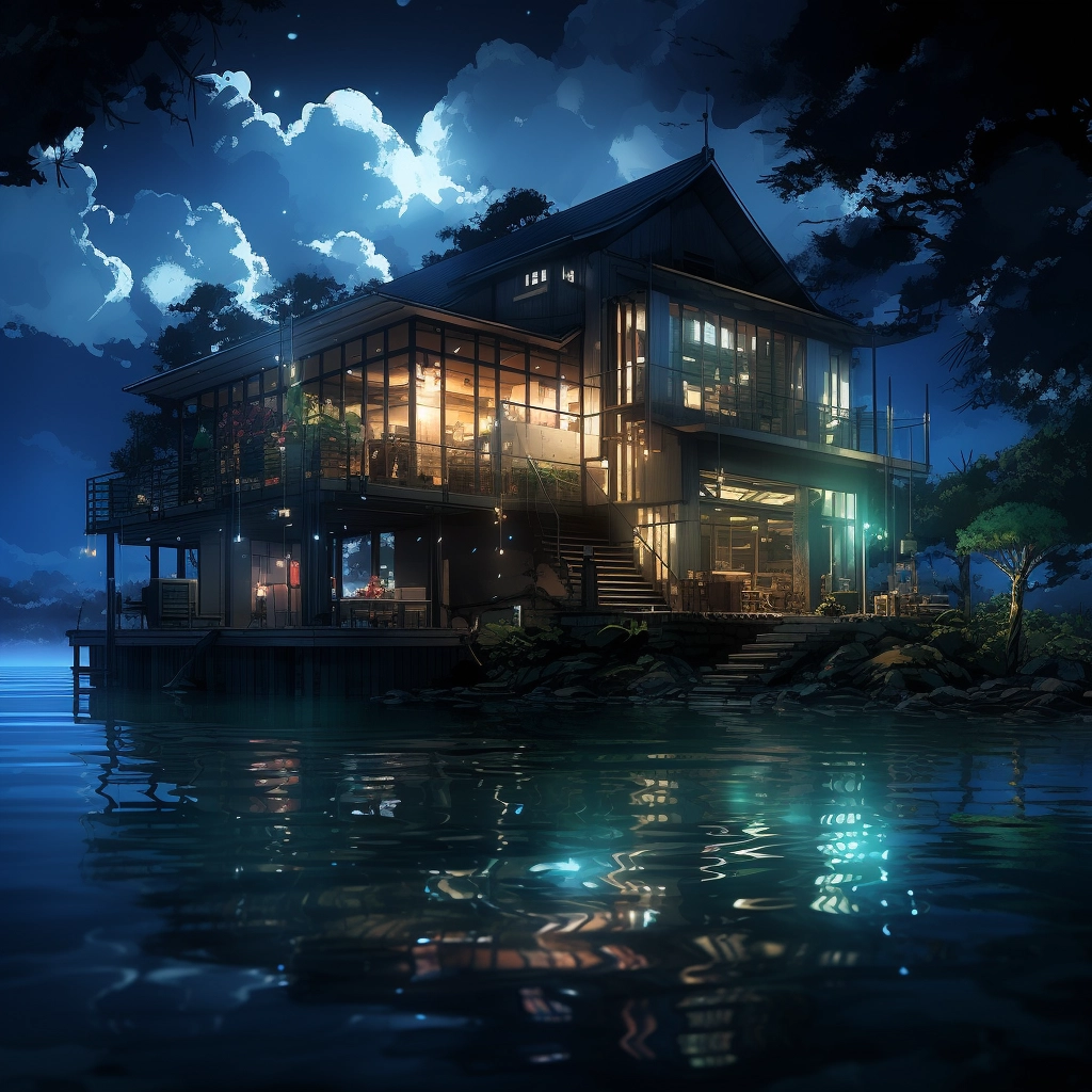 Anime lakehouse reflecting off of water HDR beautifu