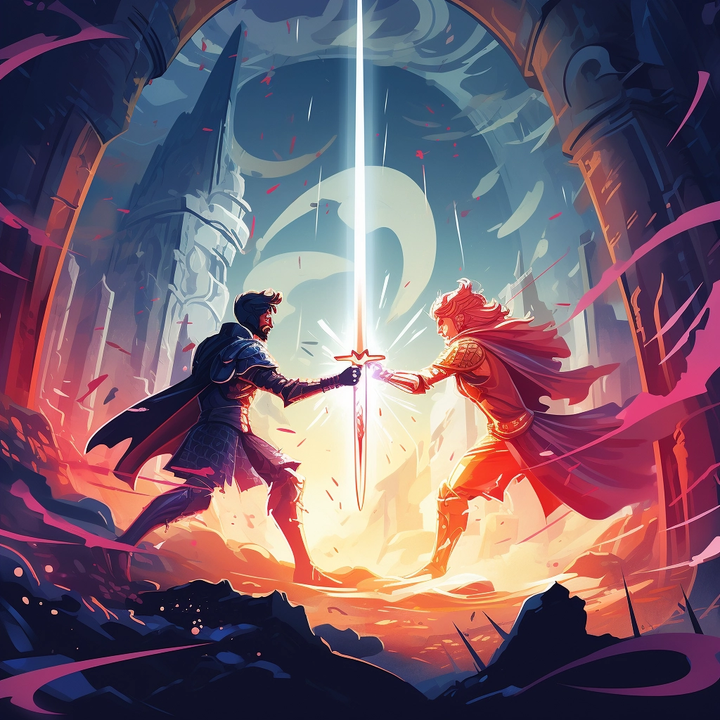A beautiful illustration two knights clashing disney
