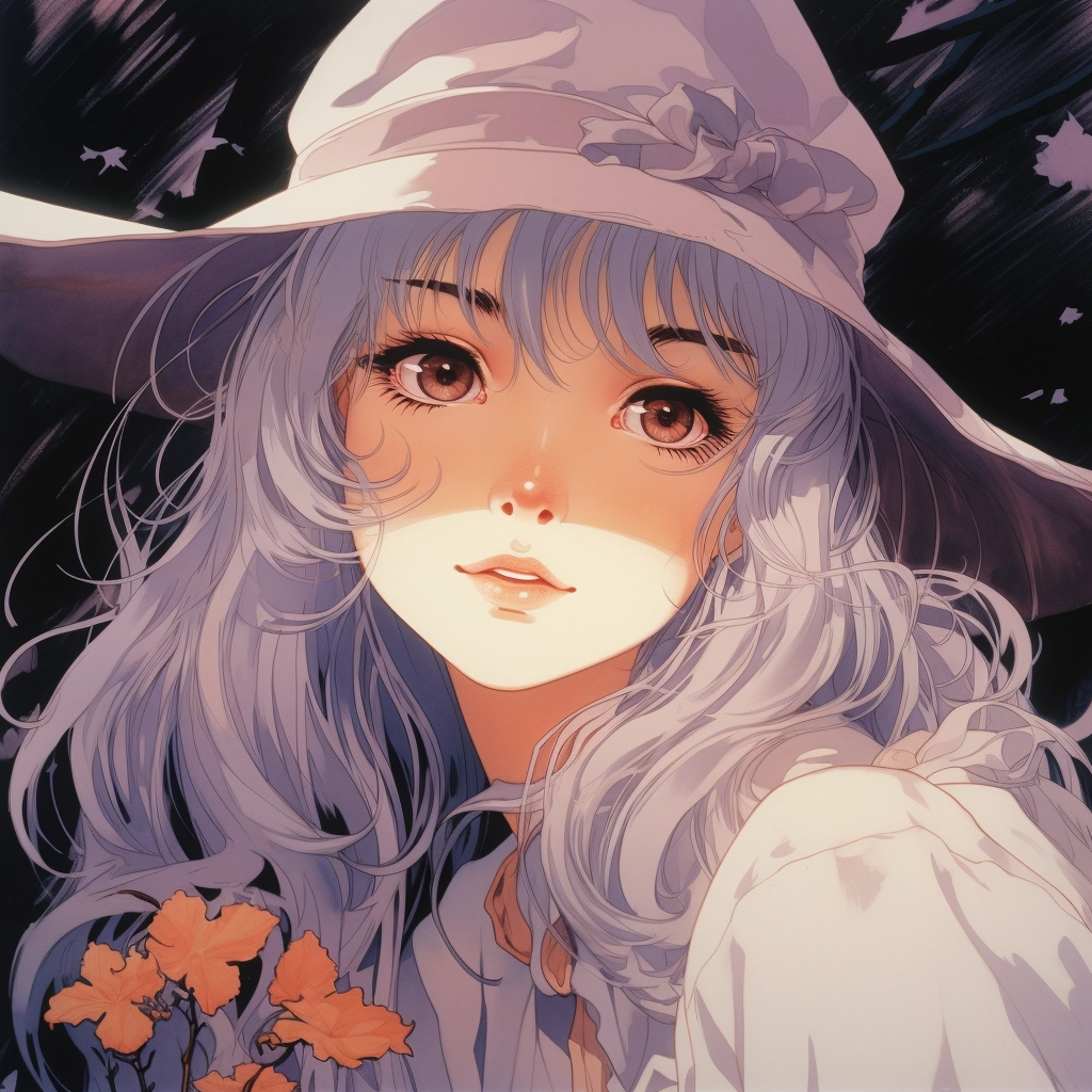 The young witch wears a hat and has long white hair