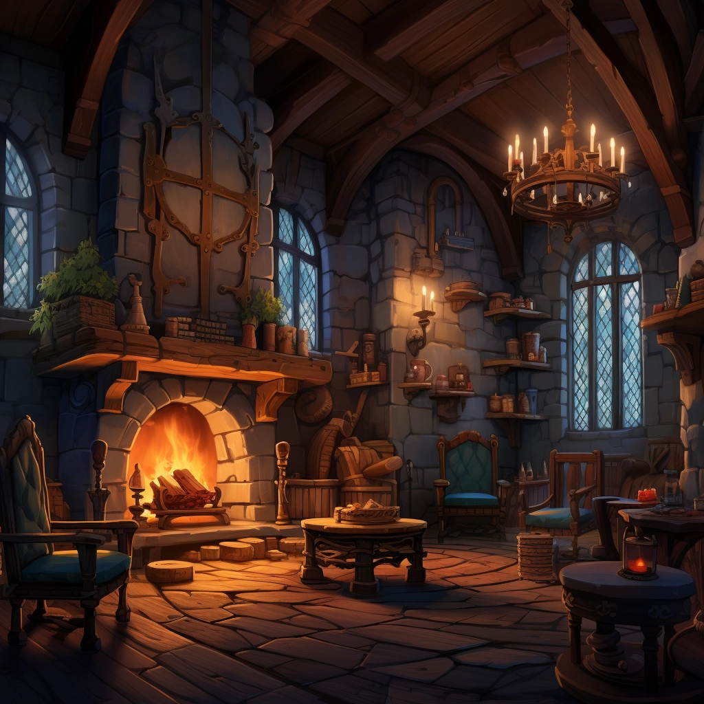 A beautiful illustration of a fireplace in a tavern