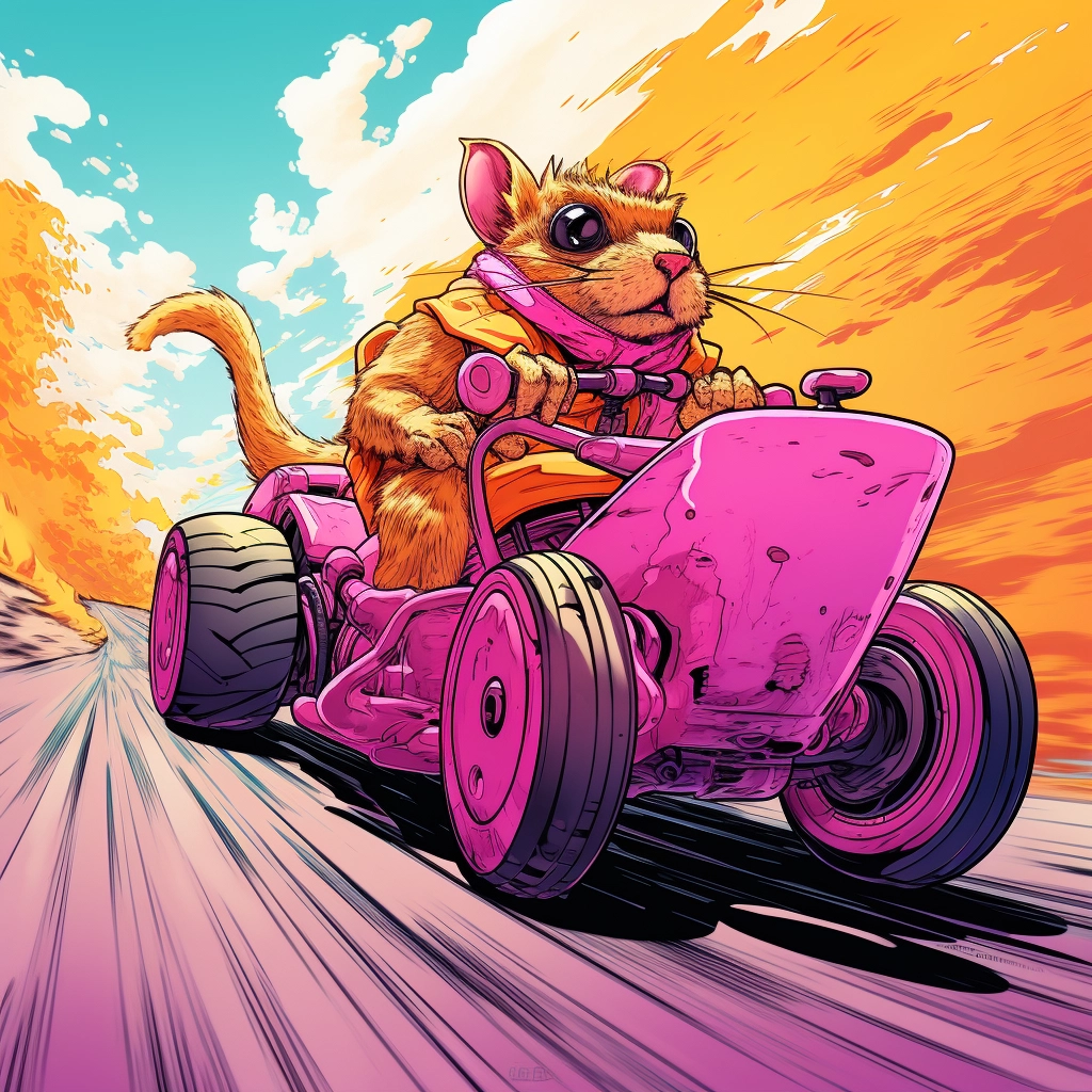 An animal driven by one of them on a colored road in