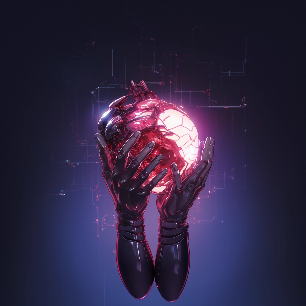 Synthetic heart being held in a robotic hand in the