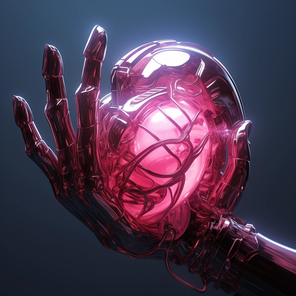 Synthetic heart being held in a robotic hand in the