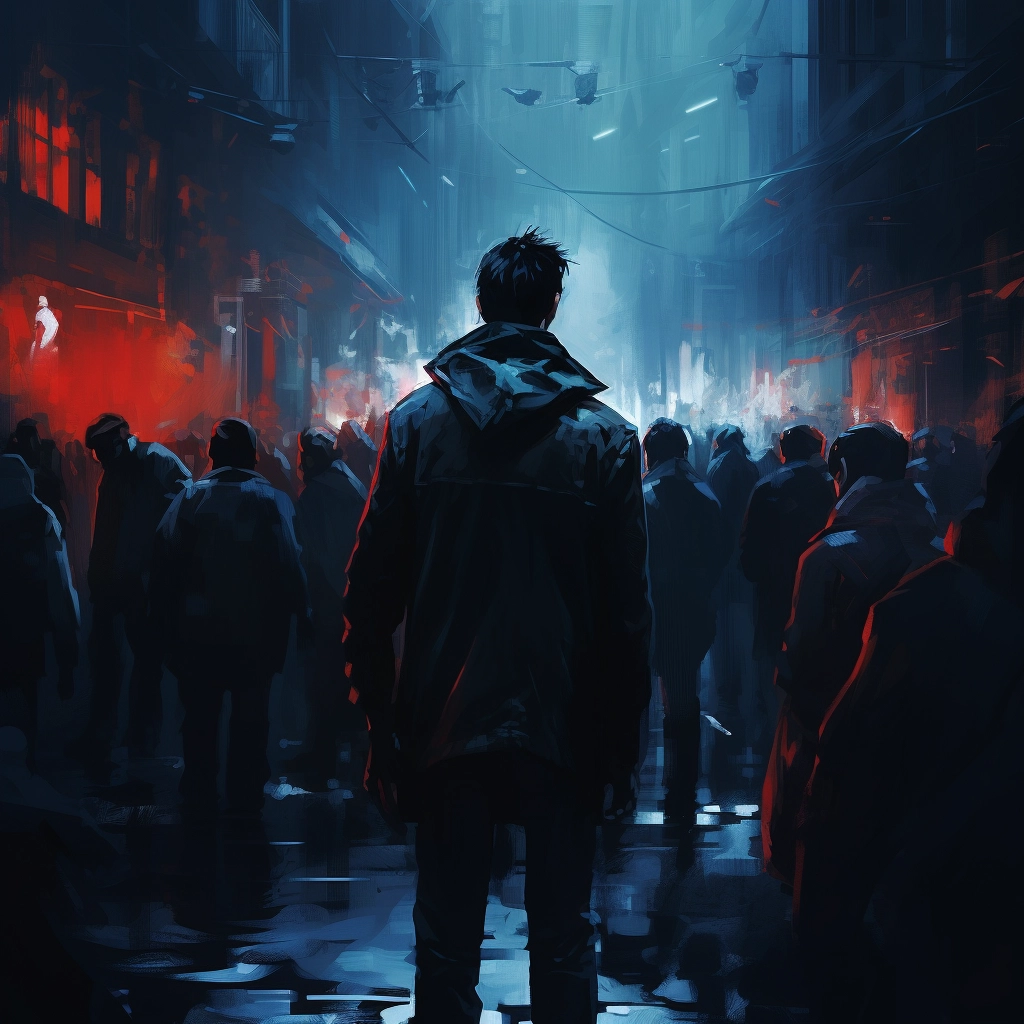 Man walking among people in darkness holding blue li