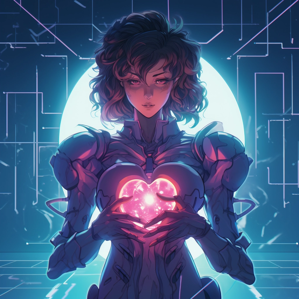 Synthetic heart in the style of 1990s retro anime