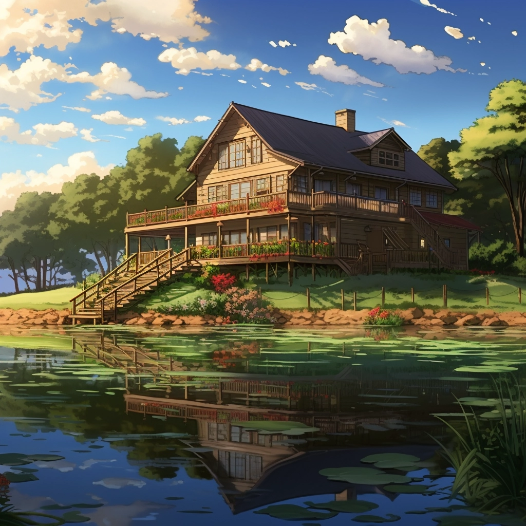 Anime lakehouse reflecting off of water HDR beautifu