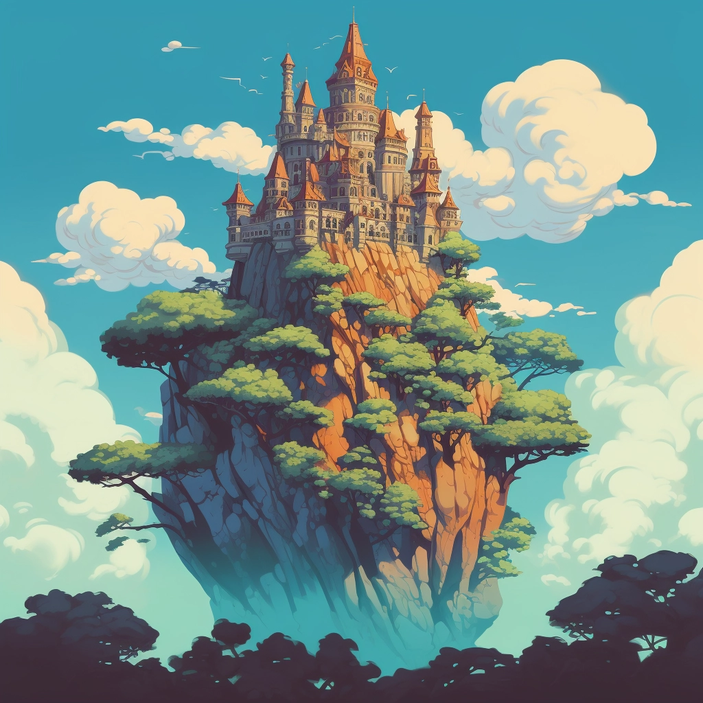 Castle in the sky flat colours 2d vector  