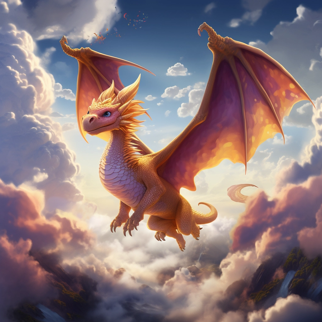 A beautiful illustration a dragon flying through the