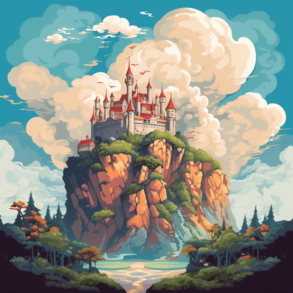 Castle in the sky flat colours 2d vector  