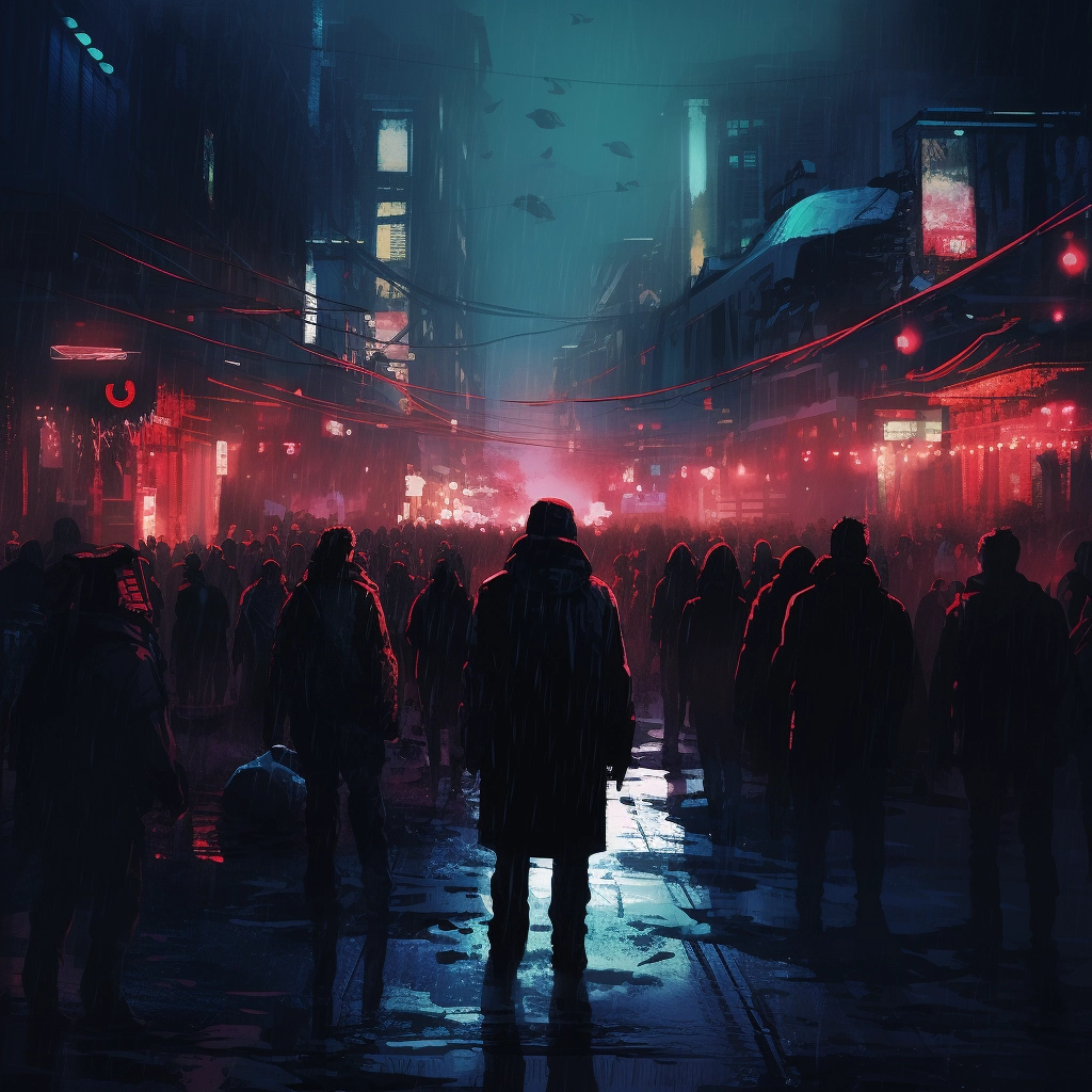 Man walking among people in darkness holding blue li