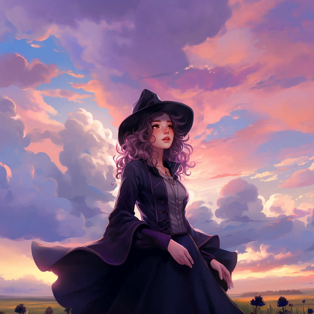 A girl wearing a black hat as sky fills with clouds