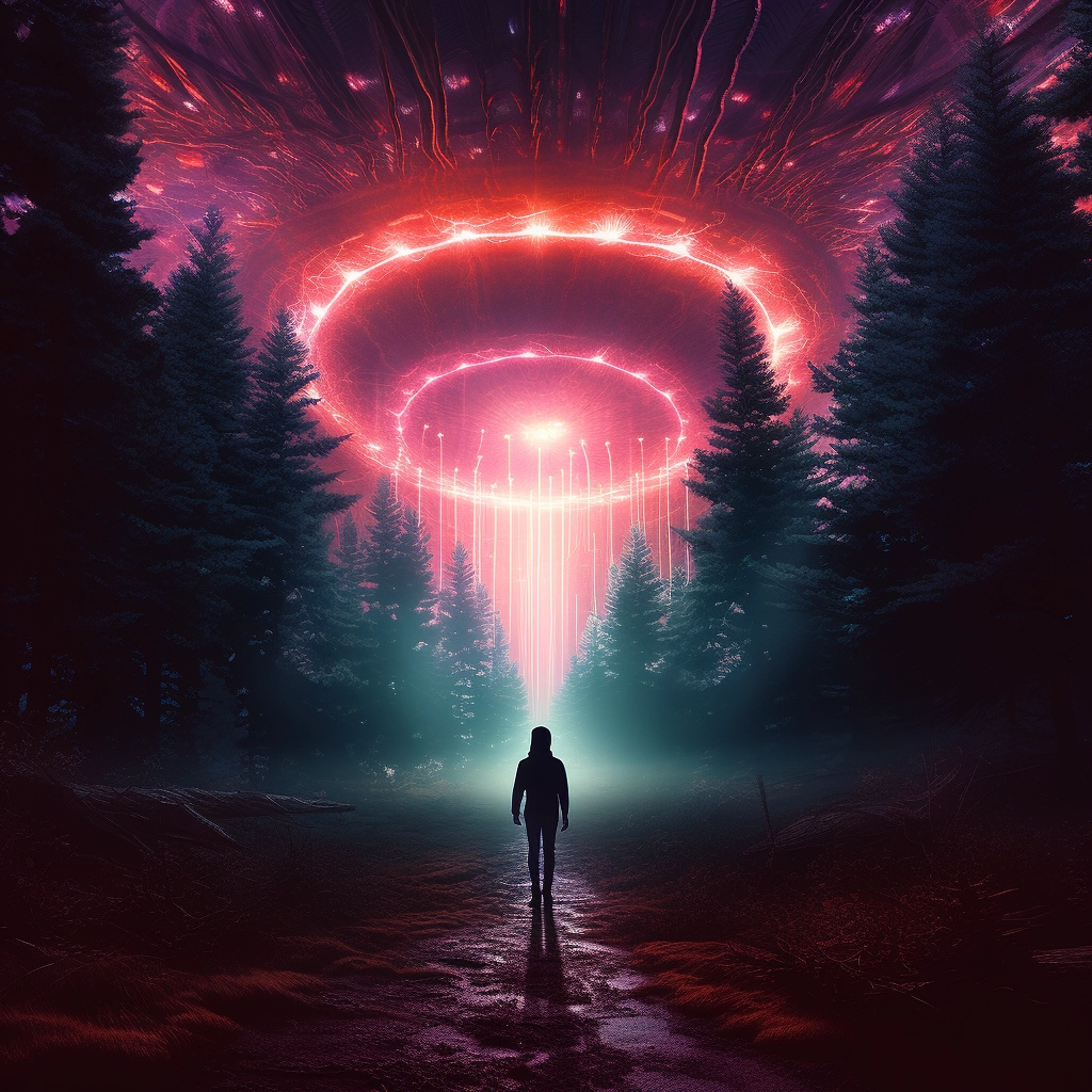 A woman walks through the woods with an alien in the