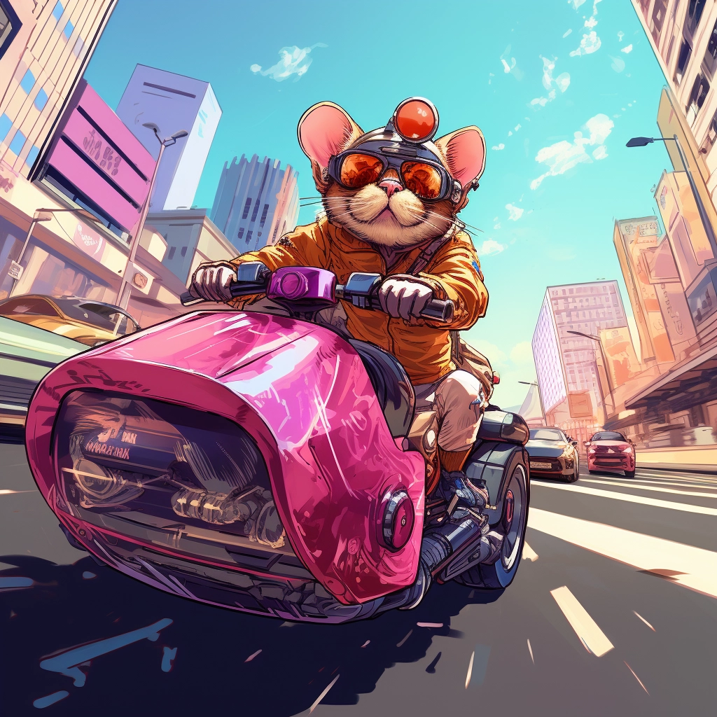 An animal driven by one of them on a colored road in