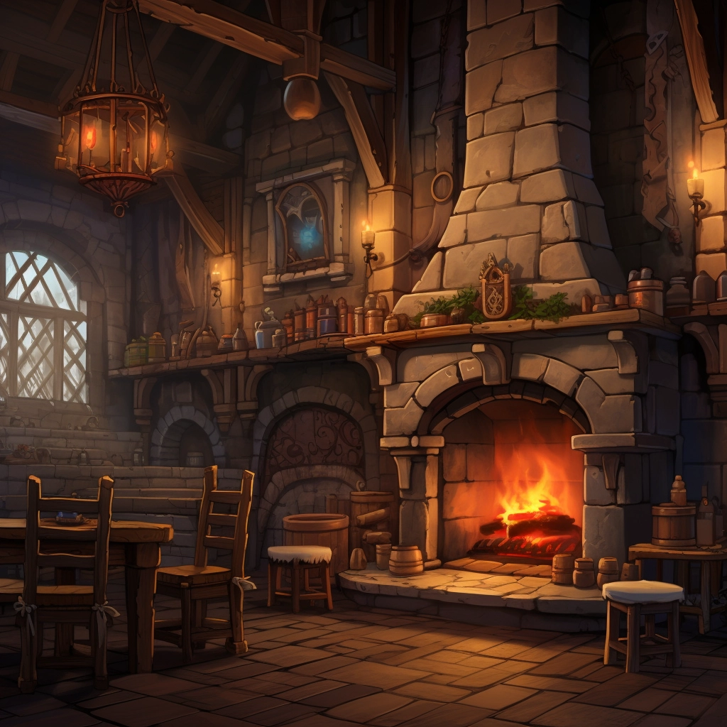 A beautiful illustration of a fireplace in a tavern