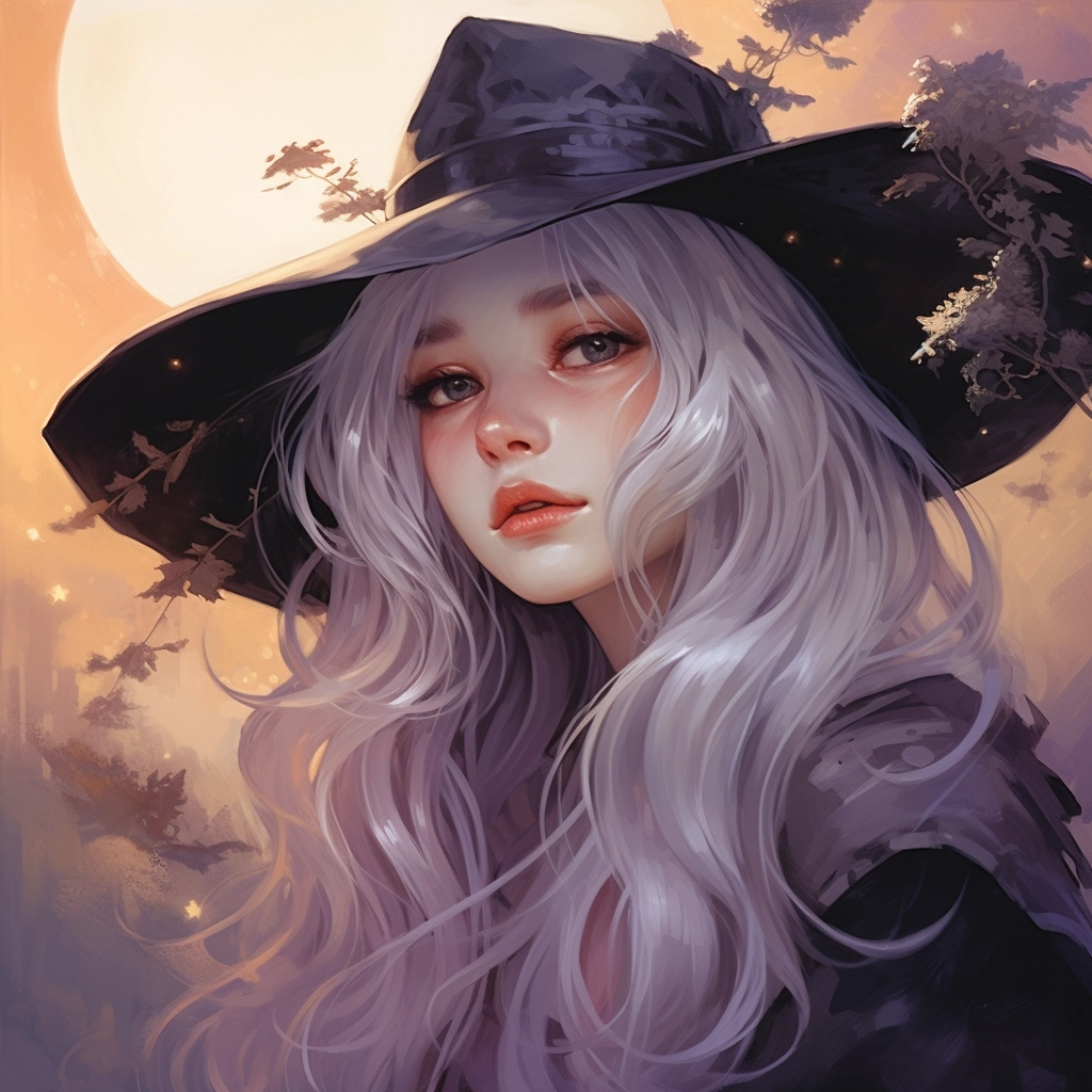 The young witch wears a hat and has long white hair