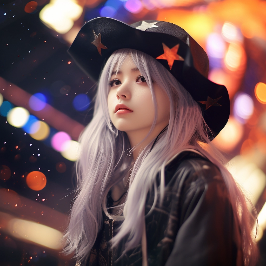 A girl with white hair and long hair wearing a black