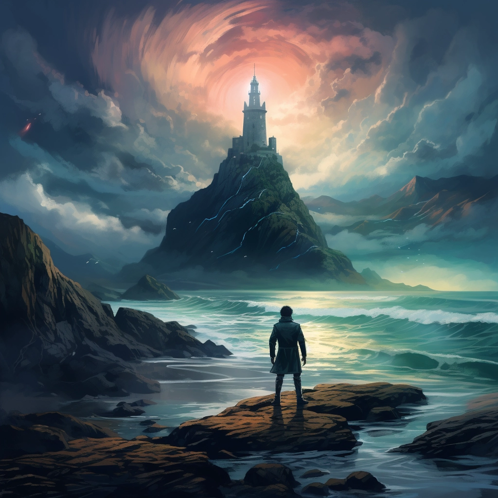 A man stands alone looking at a lighthouse with moun