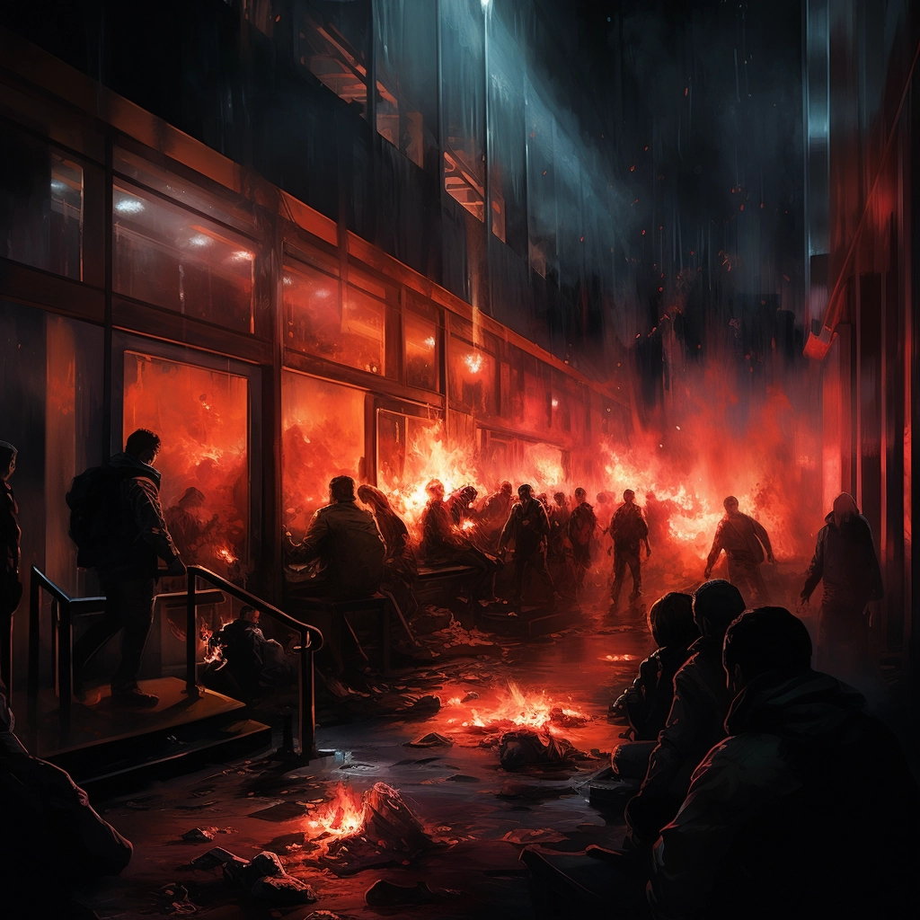 People inside of a building at night with red fire a