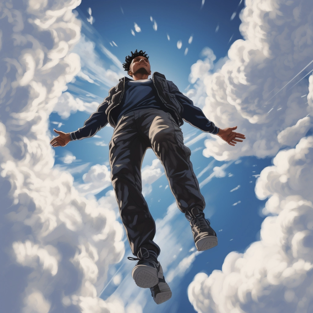 A picture of person flying in the clouds in the styl
