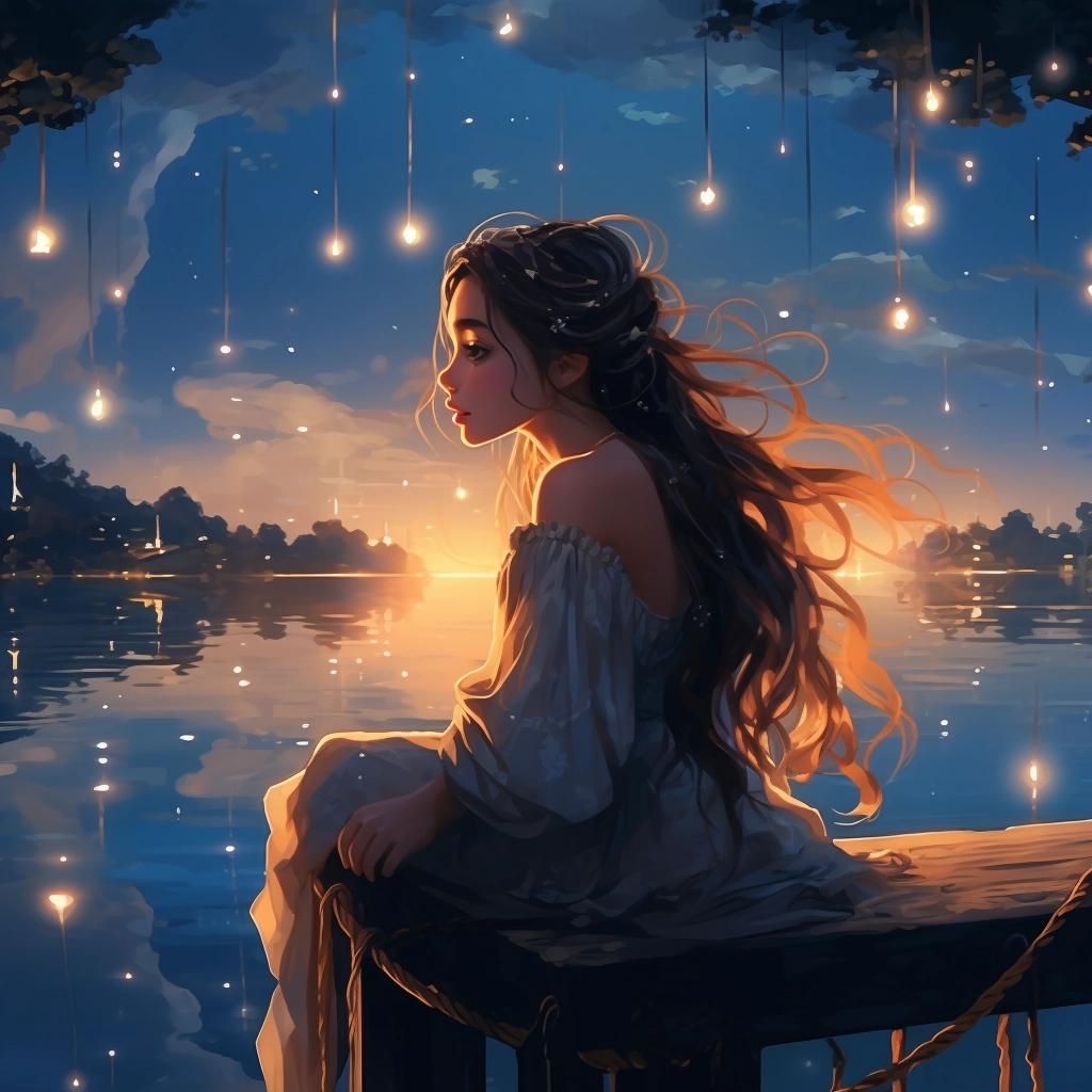 Girl in the sun night sky in the style of anime art