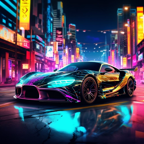 A futuristic car on the city in neon colors in the s