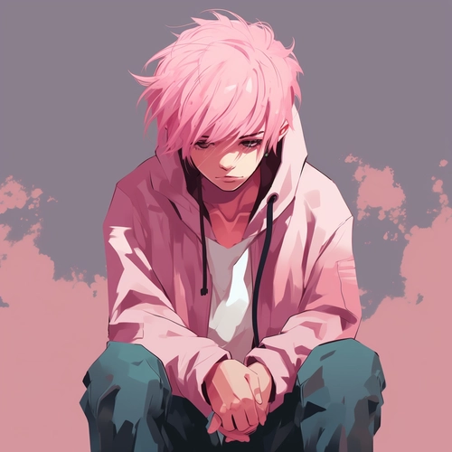 Lonely lofi anime boy with pink hair feeling sad 2D