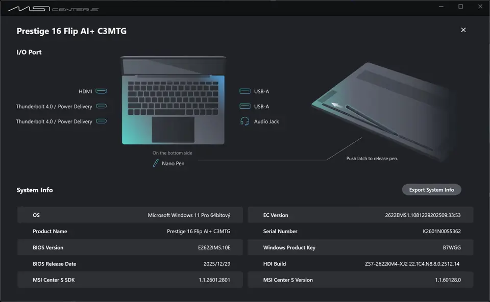 MSI Prestige 16 Flip AI+ (Intel Panther Lake / Core Ultra 9 386H): MSI Center S